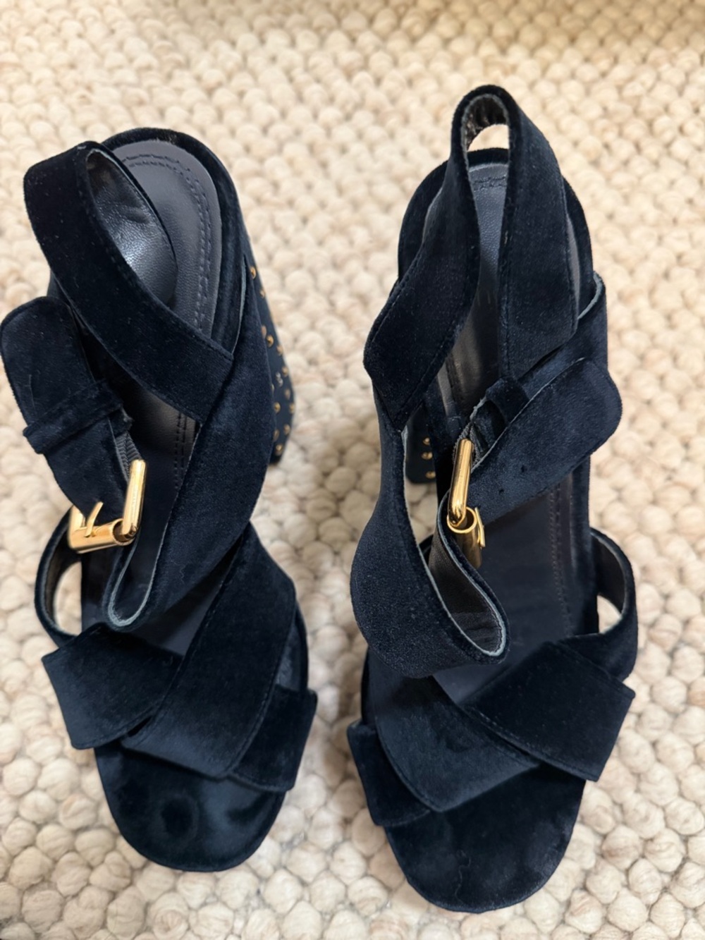 Maje Navy Suede Crisscross Strap Heels with Gold Buckle Detail